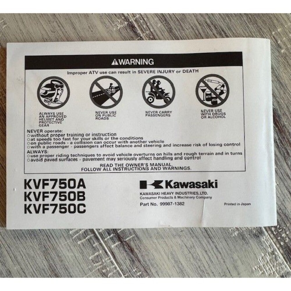 Kawasaki BRUTE FORCE 750 4x4i All‎ Terrain Owners Manual Part No 99987-1382 - Picture 4 of 4